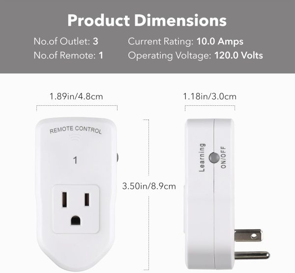Wireless Remote Control Electrical Outlet Switch for Lights, Fans, Christmas Lights, Small Appliance, Long Range White (Learning Code, 3Rx-1Tx) 1200W/10A - Image 6
