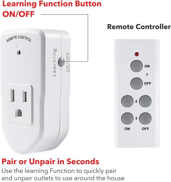Wireless Remote Control Electrical Outlet Switch for Lights, Fans, Christmas Lights, Small Appliance, Long Range White (Learning Code, 3Rx-1Tx) 1200W/10A - Image 7