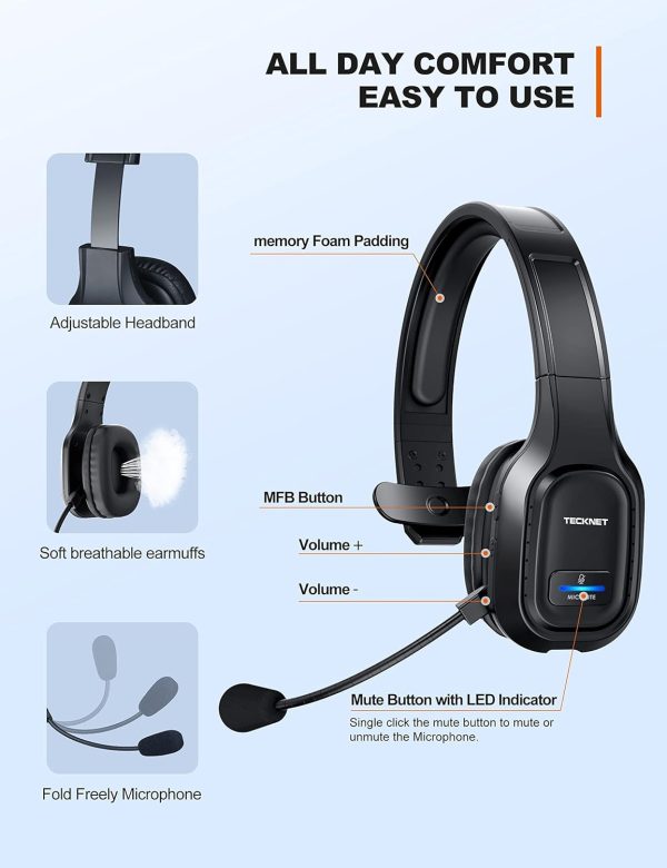 TECKNET Trucker Bluetooth Headphones with Microphone Noise Canceling Wireless On Ear Headset, Hands Free Wireless Headset for Cell Phone Computer Office Home Call Center Skype (Black) - Image 3