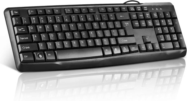 Wired Computer Keyboard, Plug Play USB, Silent-Touch Chiclet Keys, Large Number Pad, LED Indicators，Ergonomic, Foldable Stands,Anti-Wear Letters Full Size Keyboard,for Windows Mac PC Laptop(black)
