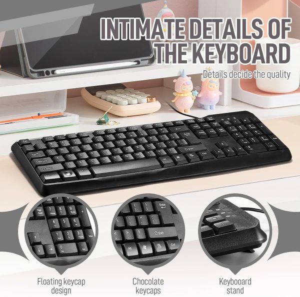 Wired Computer Keyboard, Plug Play USB, Silent-Touch Chiclet Keys, Large Number Pad, LED Indicators，Ergonomic, Foldable Stands,Anti-Wear Letters Full Size Keyboard,for Windows Mac PC Laptop(black) - Image 3
