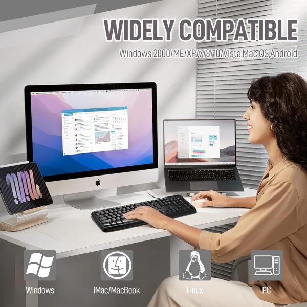 Wired Computer Keyboard, Plug Play USB, Silent-Touch Chiclet Keys, Large Number Pad, LED Indicators，Ergonomic, Foldable Stands,Anti-Wear Letters Full Size Keyboard,for Windows Mac PC Laptop(black) - Image 7